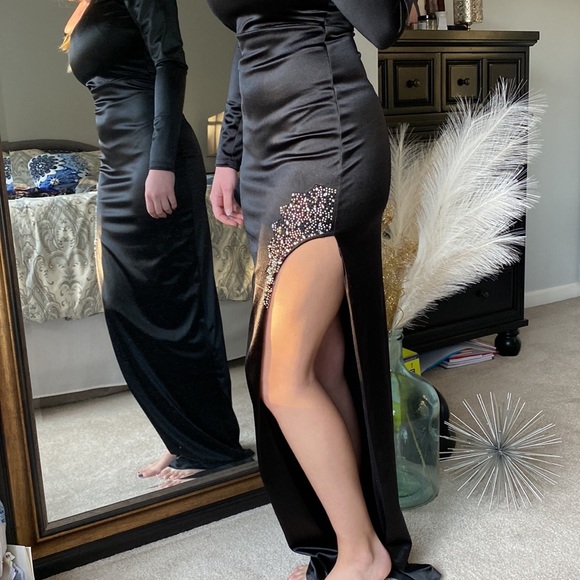 Satin Formal Dress with Sequin Accent at Thigh High Slit - Picture 3 of 13